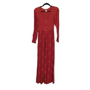 GHOST England Vintage V-Neck Long Sleeve Dress Duster Embroidered Red L